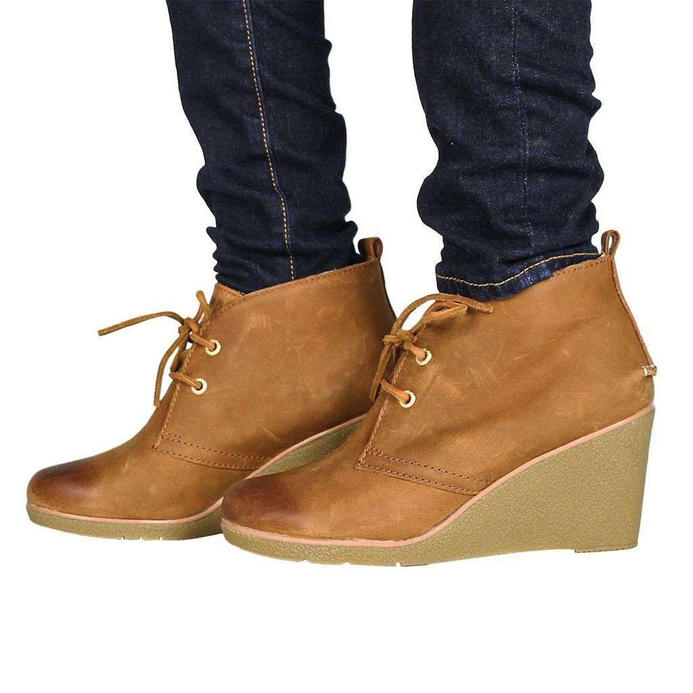 Sperry Top-Sider Harlow Burnished Leather Wedge Bootie in Cognac sz 8